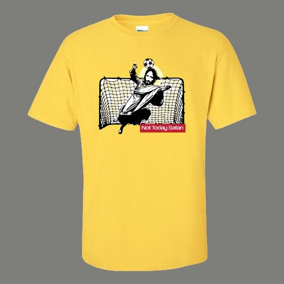 NOT TODAY SATAN JESUS SAVES SOCCER GOALIE SHIRT - Picture 1 of 1